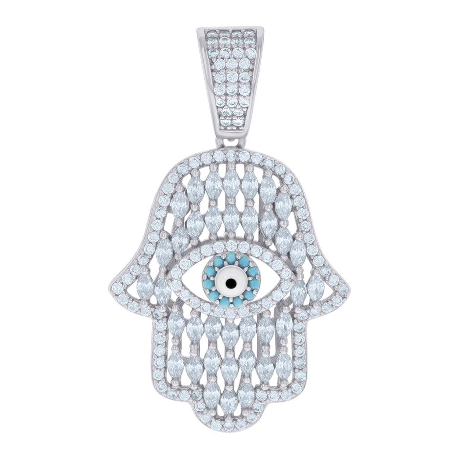 925 Sterling Silver Mens Marquise Round Cubic-Zirconia Enameled Hamsa Symbol Religious Charm Pendant