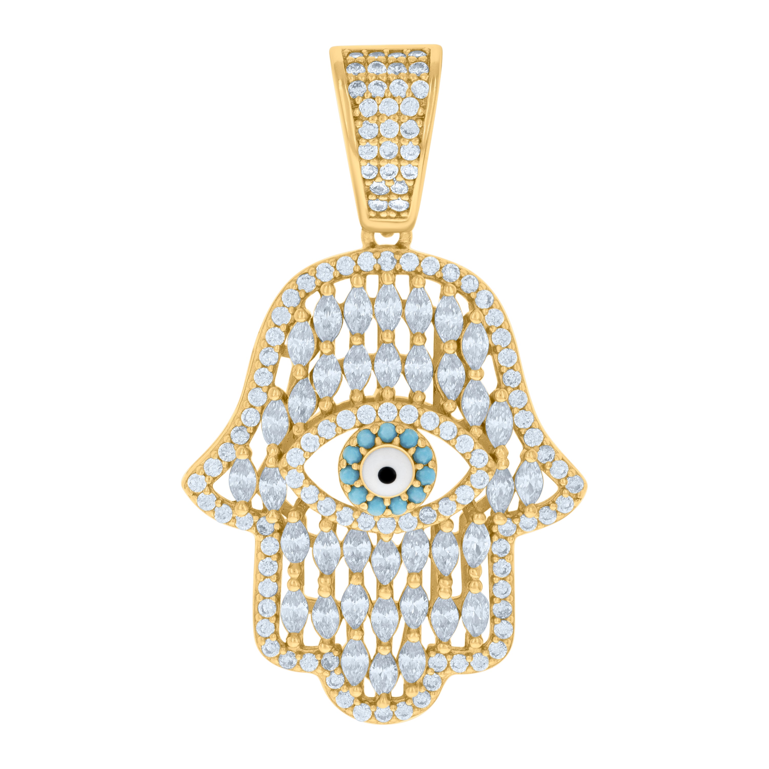 925 Sterling Silver Yellow-tone Mens Marquise Round Cubic-Zirconia Enameled Hamsa Symbol Pendant