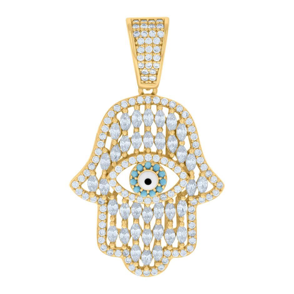 925 Sterling Silver Yellow-tone Mens Marquise Round Cubic-Zirconia Enameled Hamsa Symbol Pendant