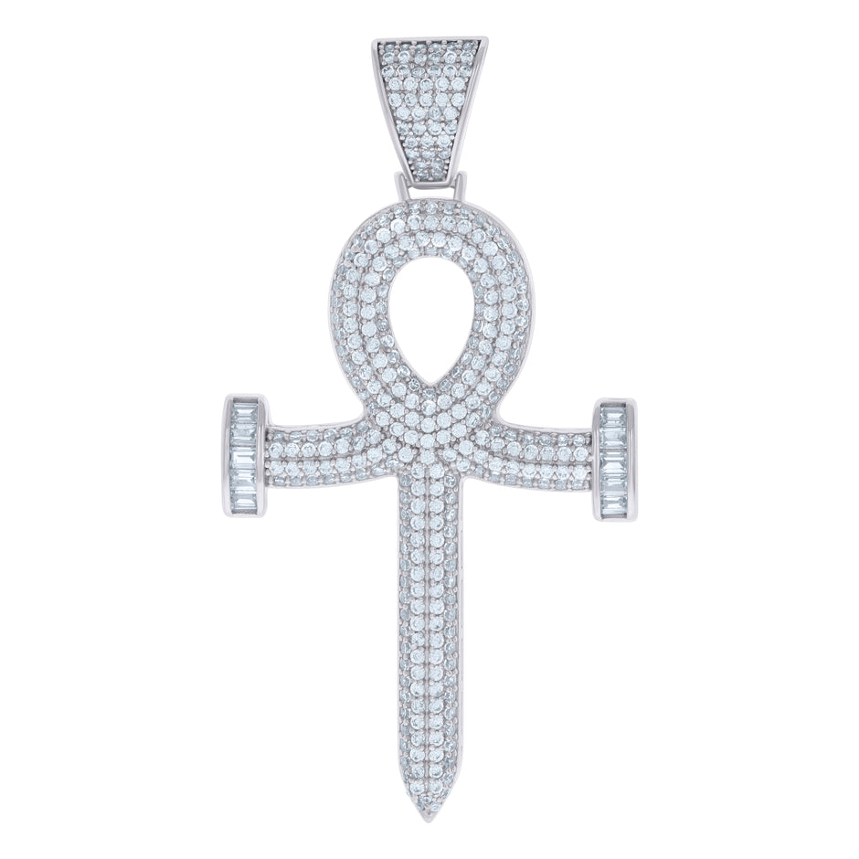 925 Sterling Silver Mens Baguette Round Cubic-Zirconia Egyptian Ankh Cross Religious Charm Pendant