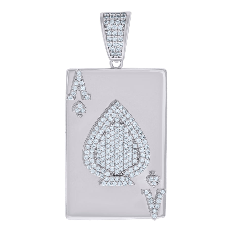 925 Sterling Silver Mens Cubic-Zirconia Ace Of Spade Playing Cards Gambling Charm Pendant