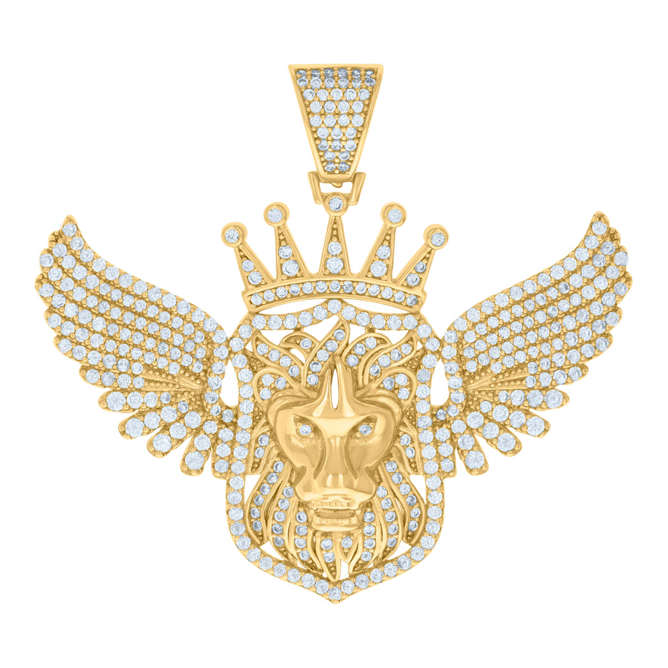 925 Sterling Silver Yellow-tone Mens Cubic-Zirconia Flying Leo/Lion Zodiac Sign/Wildlife Pendant