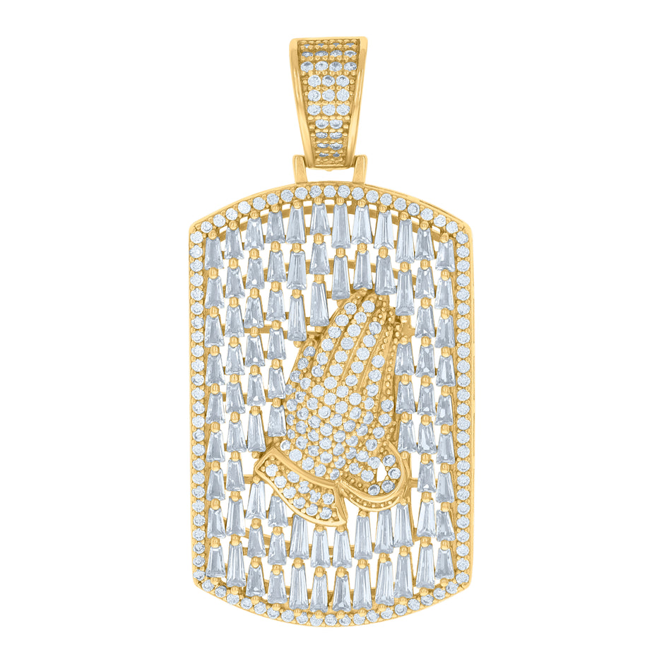 925 Sterling Silver Yellow-tone Mens Baguette Round Cubic-Zirconia Praying Hands Dogtag Pendant