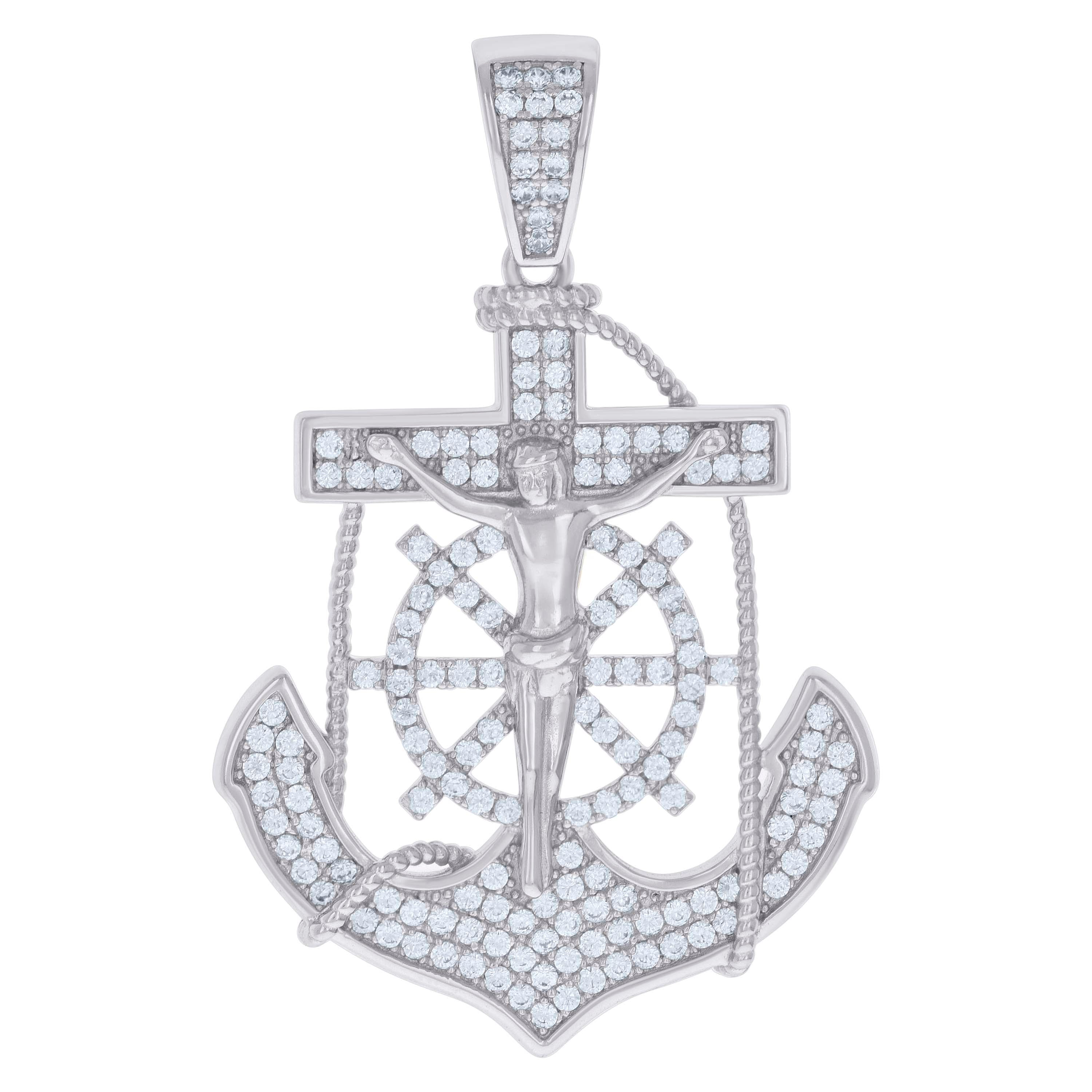 925 Sterling Silver Mens Cubic-Zirconia Anchor Crucifix Religious Charm Pendant