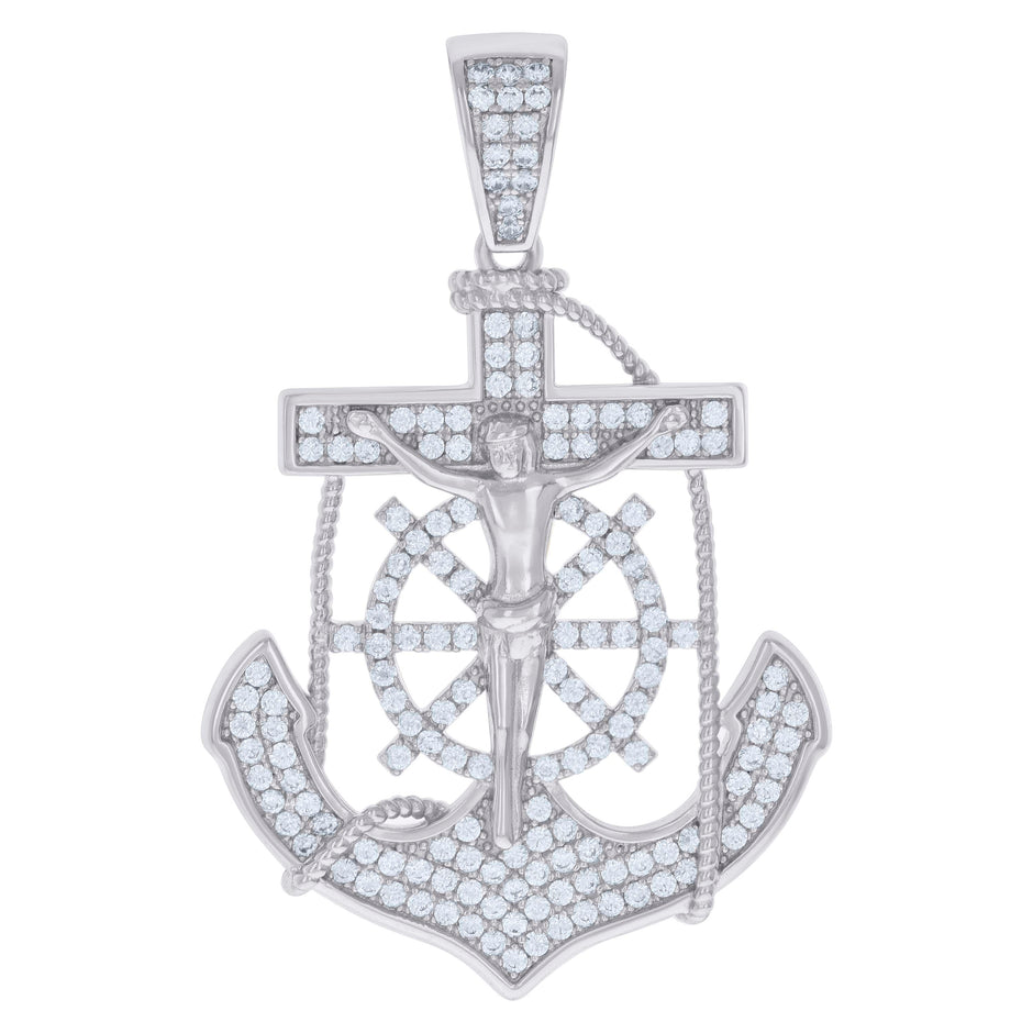 925 Sterling Silver Mens Cubic-Zirconia Anchor Crucifix Religious Charm Pendant