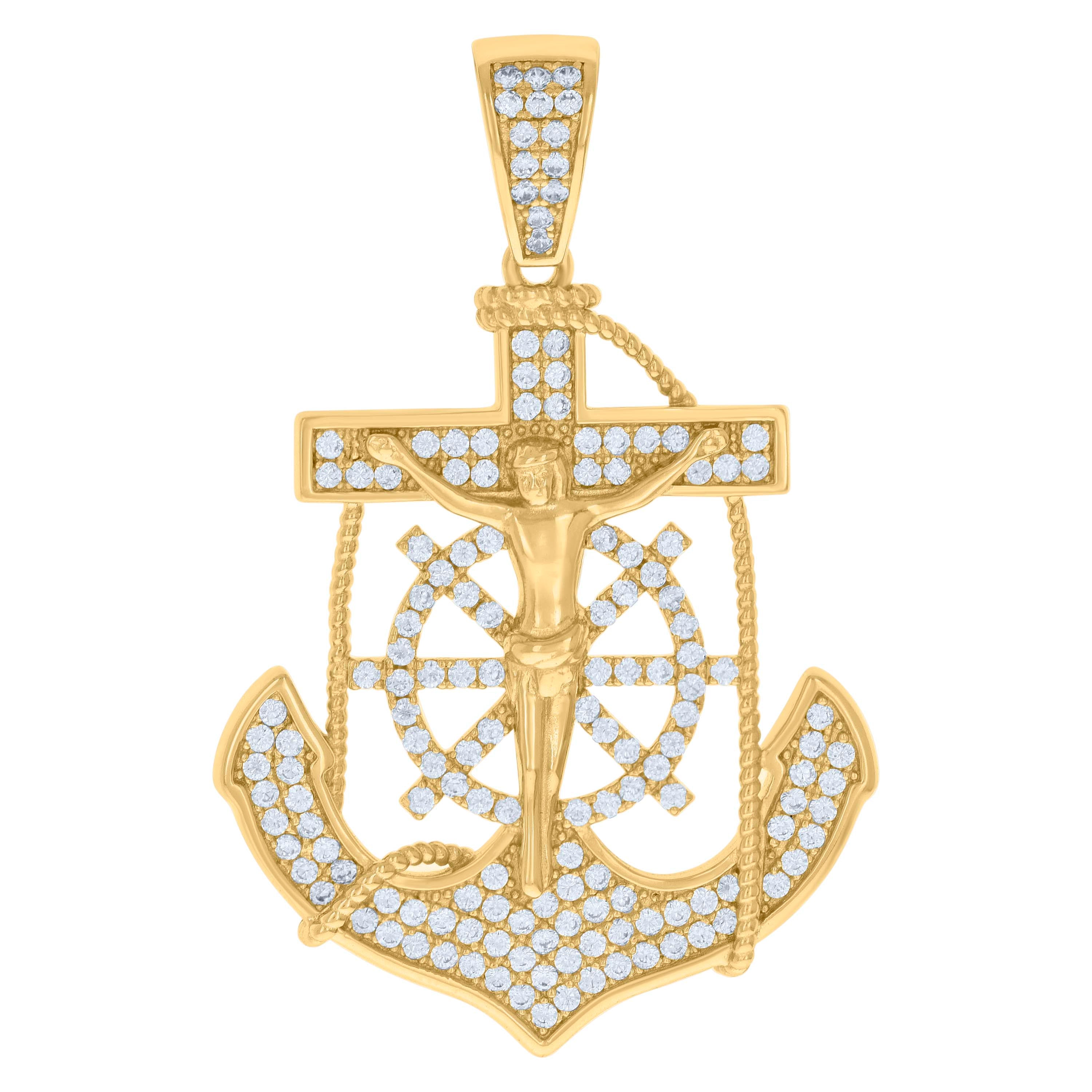 925 Sterling Silver Yellow-tone Mens Cubic-Zirconia Anchor Crucifix Religious Charm Pendant