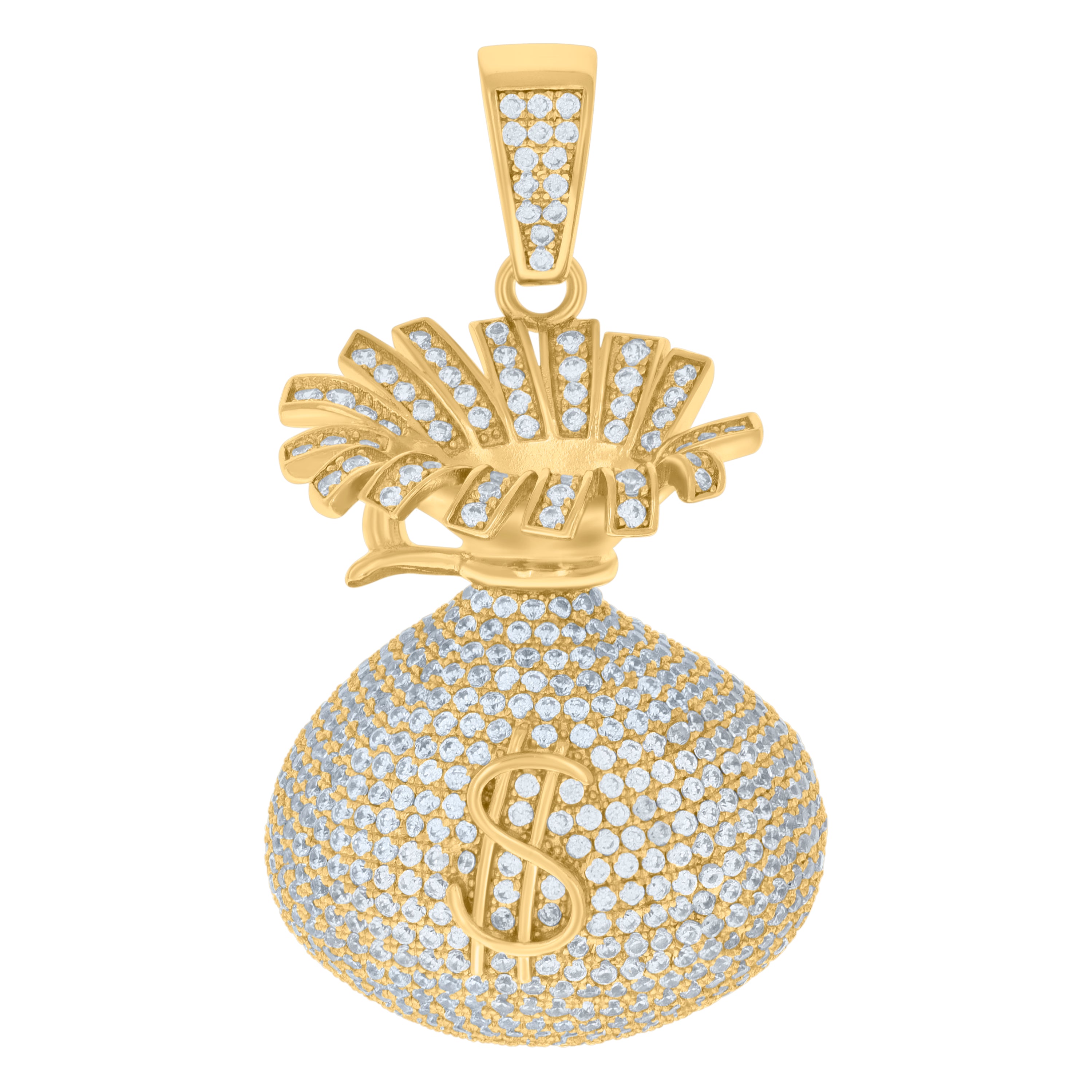 925 Sterling Silver Yellow-tone Mens Cubic-Zirconia Money Bag Currency Fashion Charm Pendant