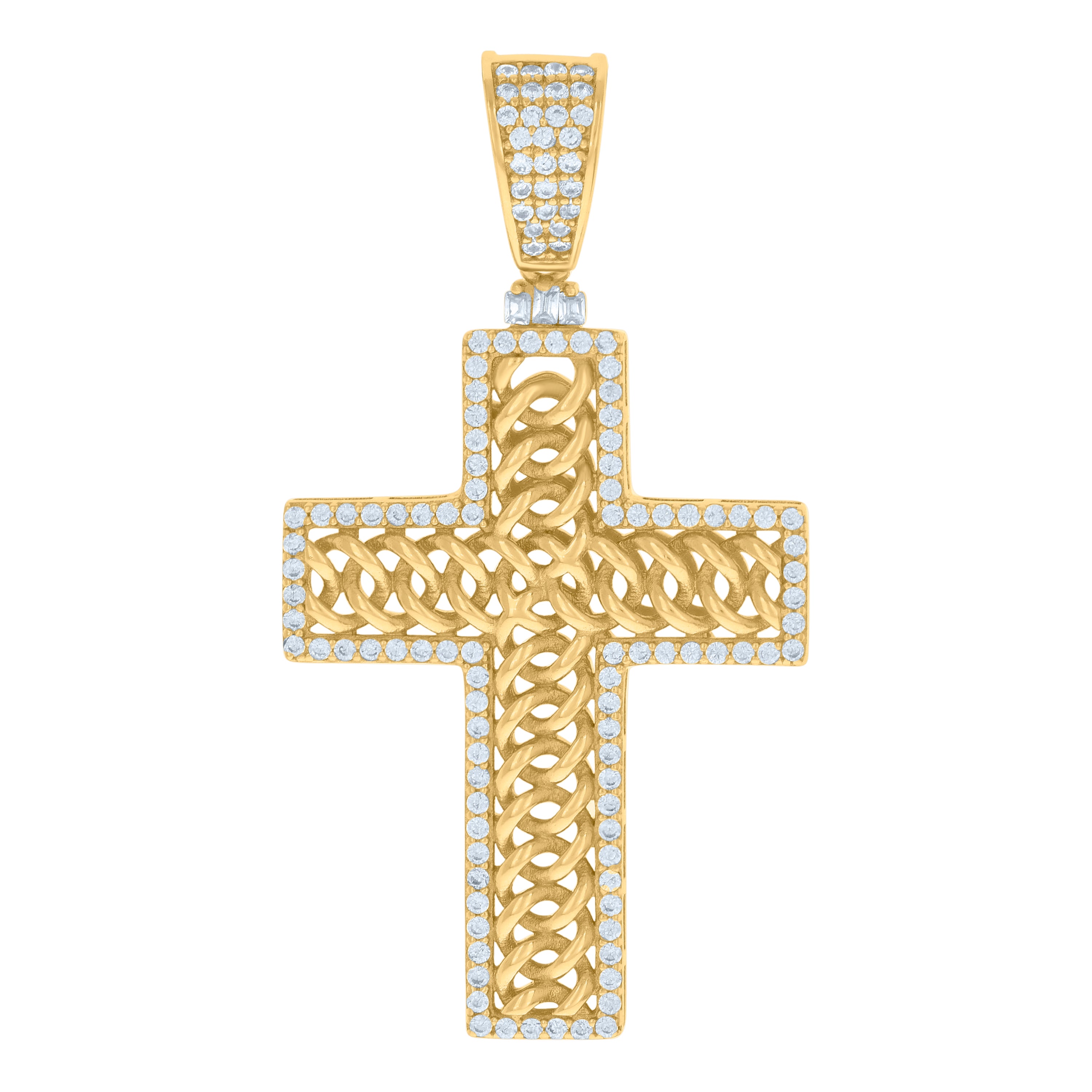 925 Sterling Silver Yellow-tone Mens Baguette Round Cubic-Zirconia Cross Religious Charm Pendant