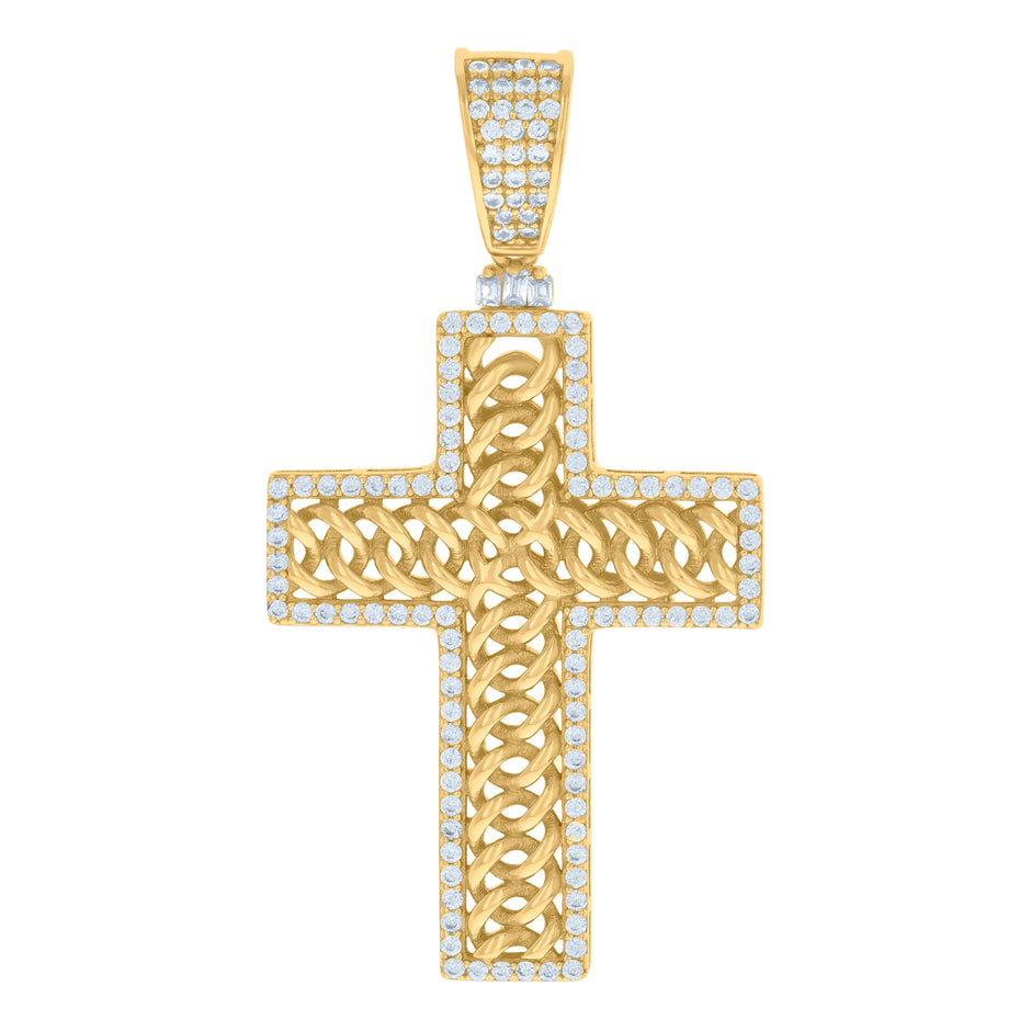 925 Sterling Silver Yellow-tone Mens Baguette Round Cubic-Zirconia Cross Religious Charm Pendant