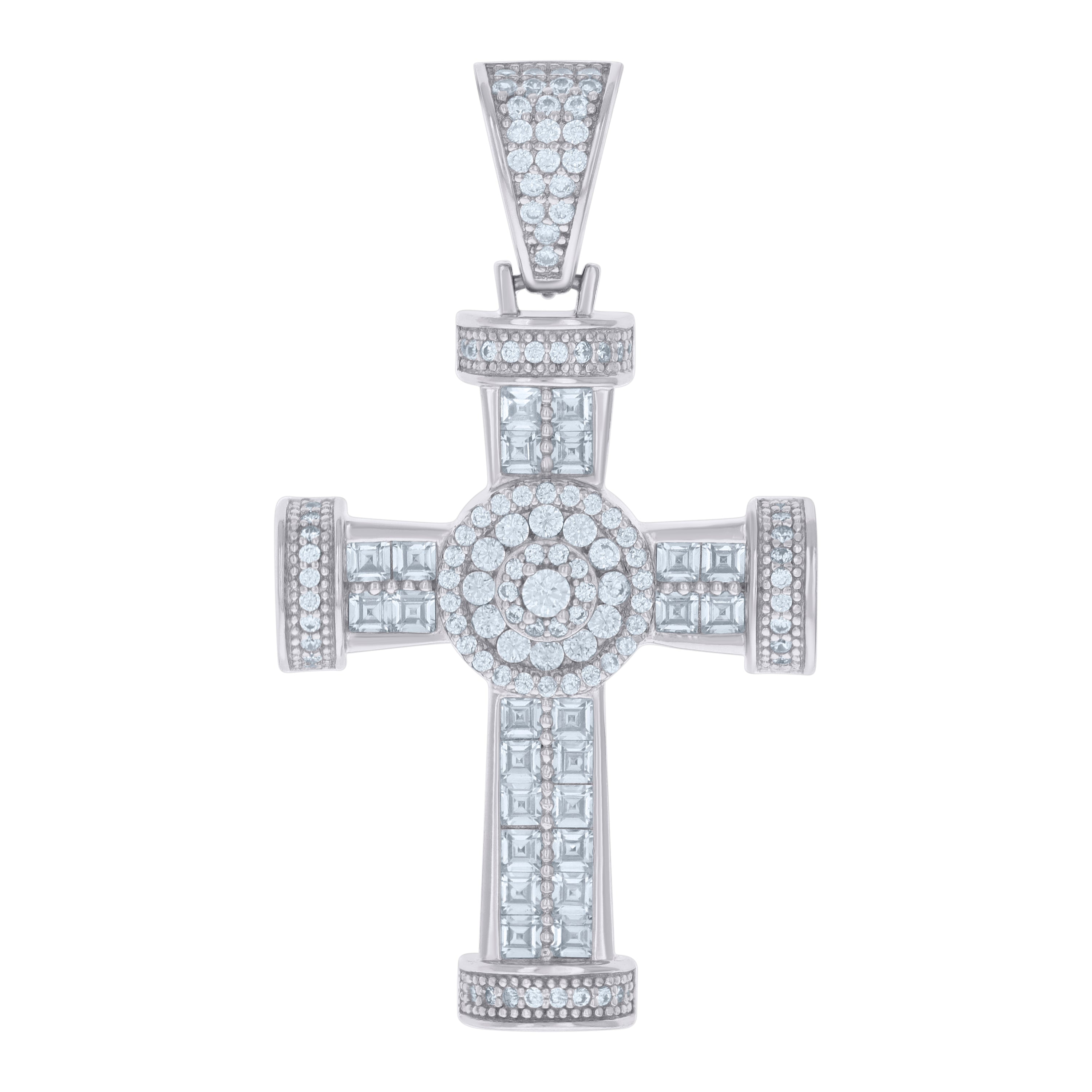 925 Sterling Silver Mens Cushion-cut Round Cubic-Zirconia Cross Religious Charm Pendant