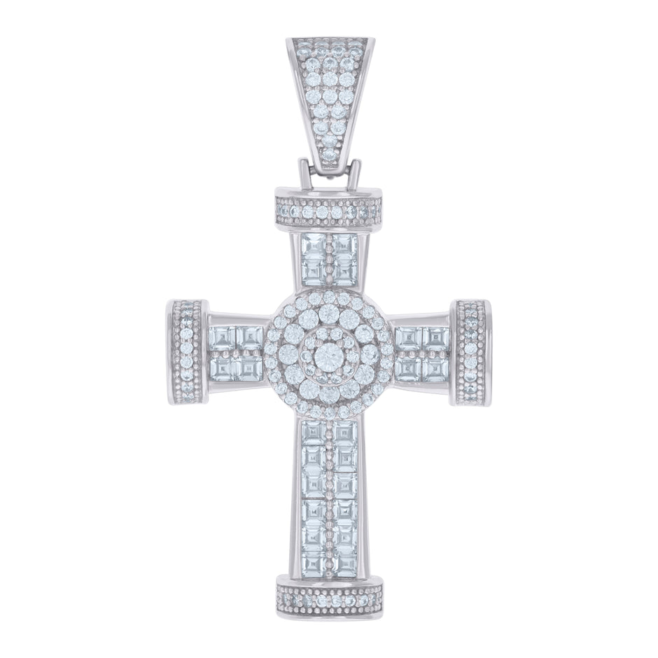 925 Sterling Silver Mens Cushion-cut Round Cubic-Zirconia Cross Religious Charm Pendant