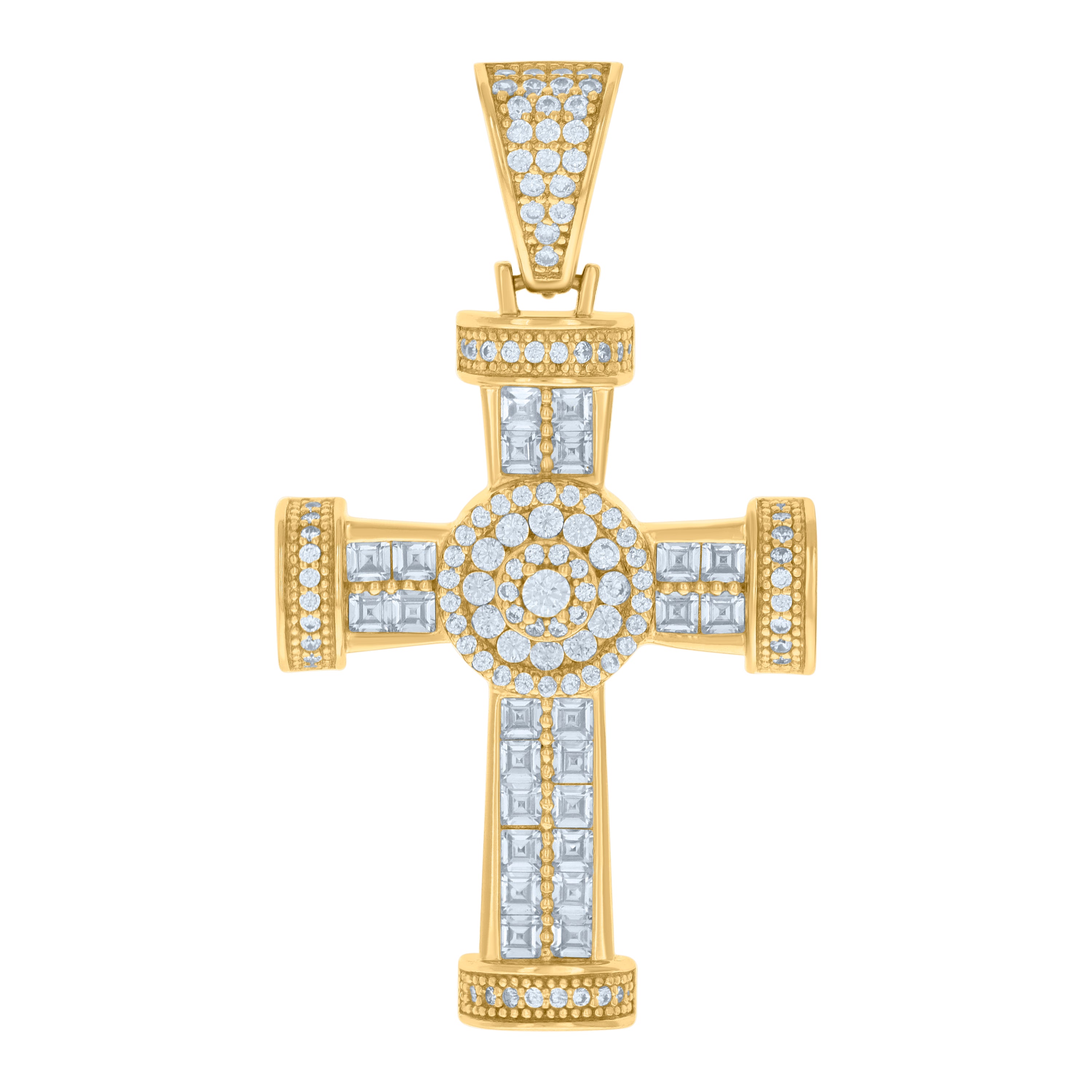 925 Sterling Silver Yellow-tone Mens Cushion-cut Round Cubic-Zirconia Cross Religious Charm Pendant