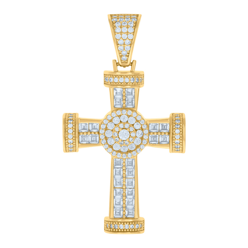 925 Sterling Silver Yellow-tone Mens Cushion-cut Round Cubic-Zirconia Cross Religious Charm Pendant