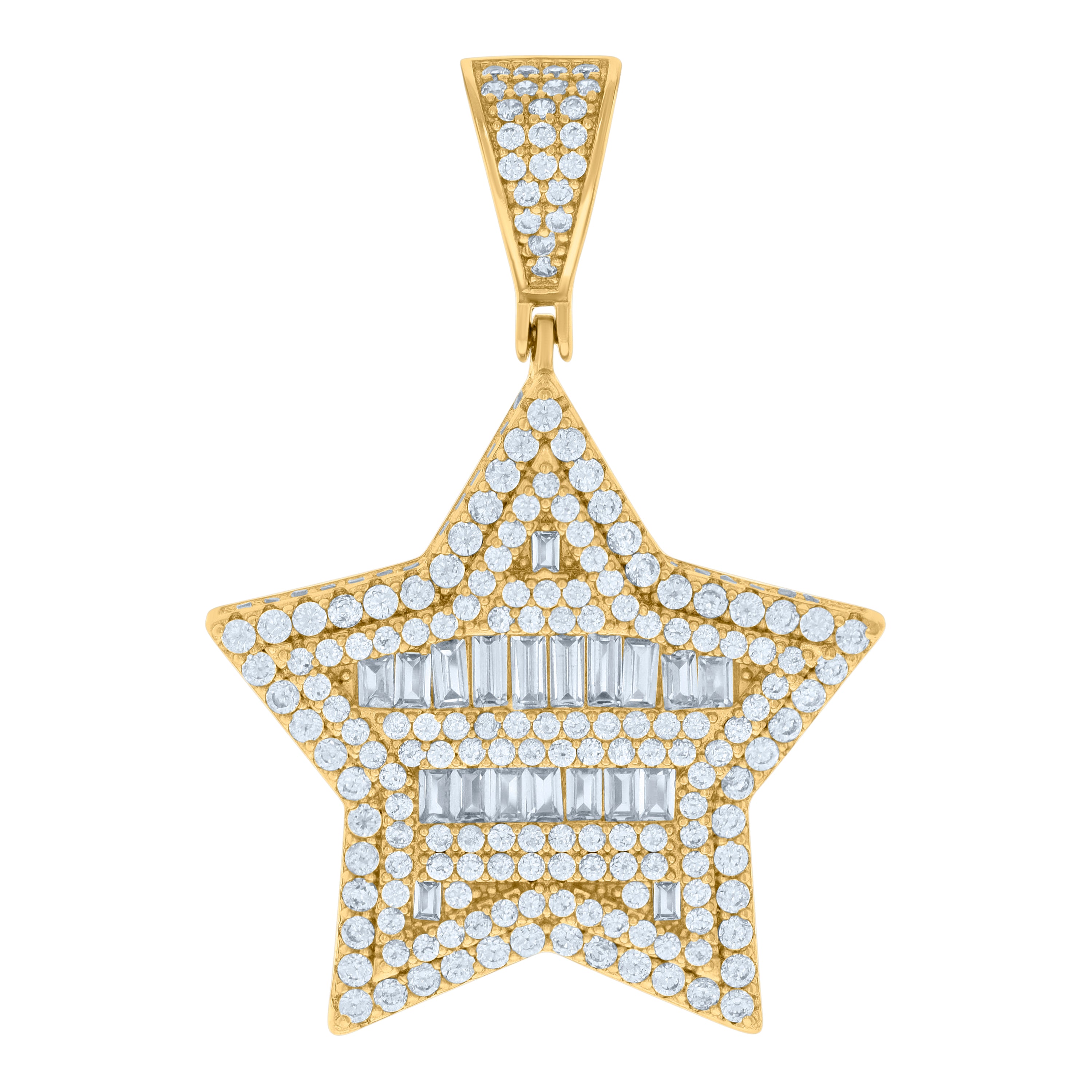 925 Sterling Silver Yellow-tone Mens Baguette Round Cubic-Zirconia Star Fashion Charm Pendant