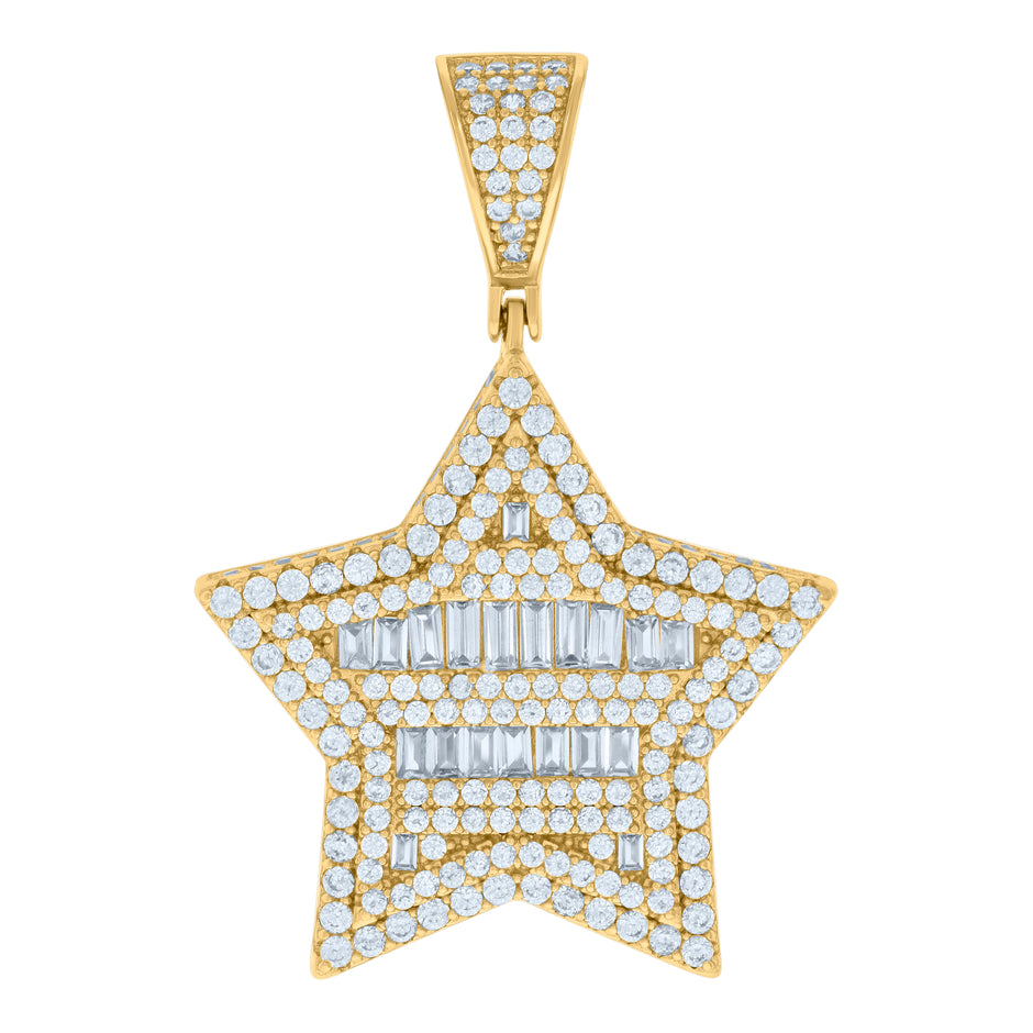 925 Sterling Silver Yellow-tone Mens Baguette Round Cubic-Zirconia Star Fashion Charm Pendant