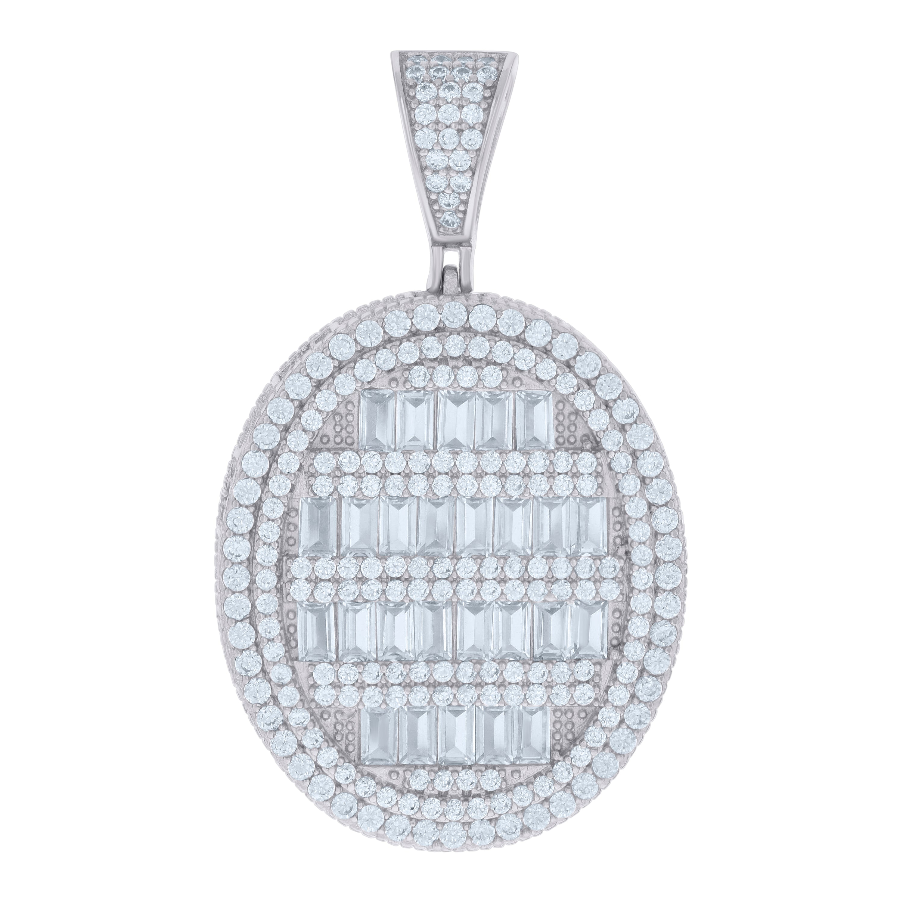 925 Sterling Silver Mens Baguette Round Cubic-Zirconia Oval Medallion Fashion Charm Pendant
