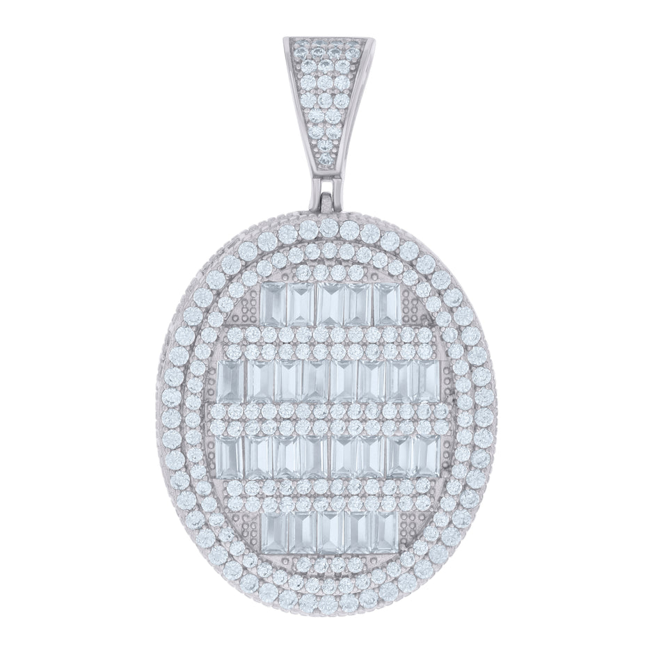 925 Sterling Silver Mens Baguette Round Cubic-Zirconia Oval Medallion Fashion Charm Pendant