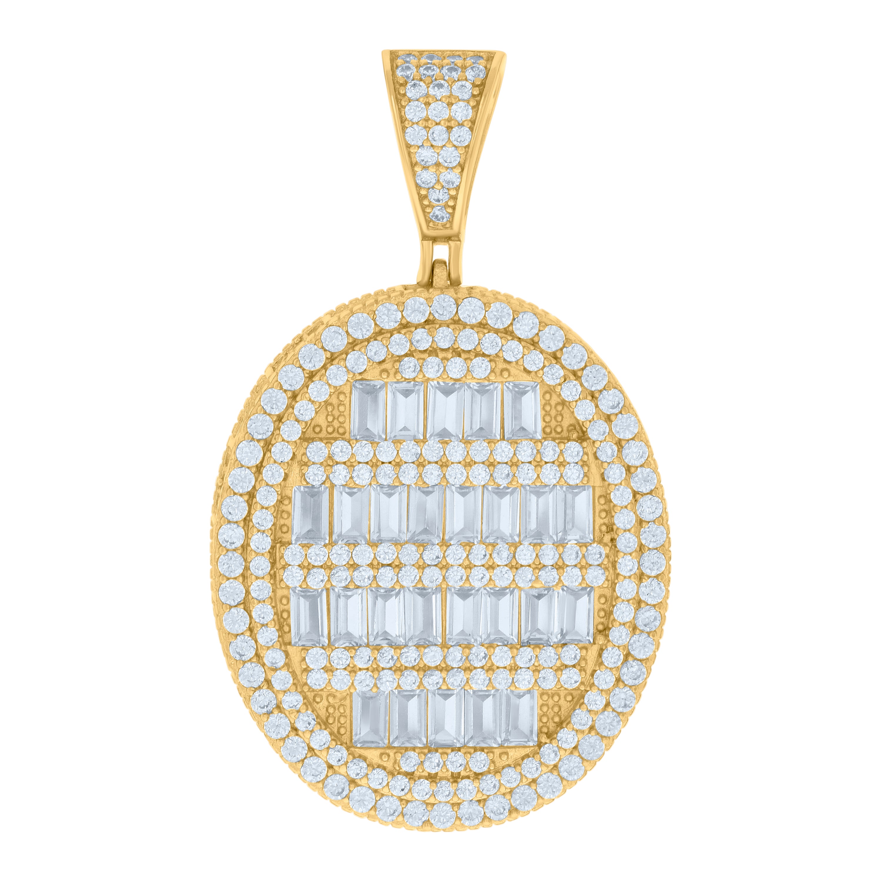 925 Sterling Silver Yellow-tone Mens Baguette Round Cubic-Zirconia Oval Medallion Fashion Pendant