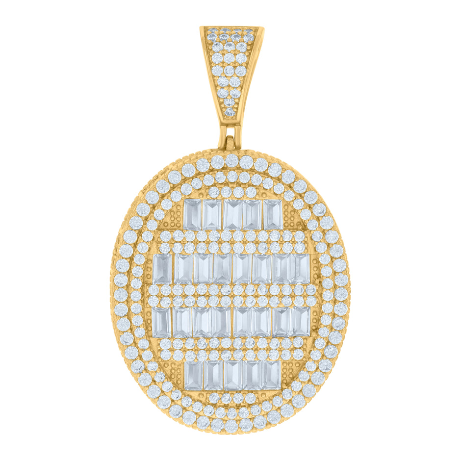 925 Sterling Silver Yellow-tone Mens Baguette Round Cubic-Zirconia Oval Medallion Fashion Pendant