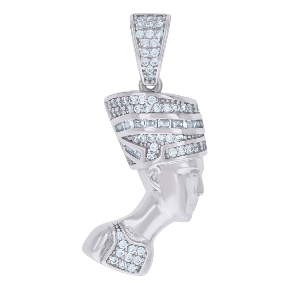 925 Sterling Silver Mens Baguette Round Cubic-Zirconia Nefertiti Egyptian Fashion Charm Pendant