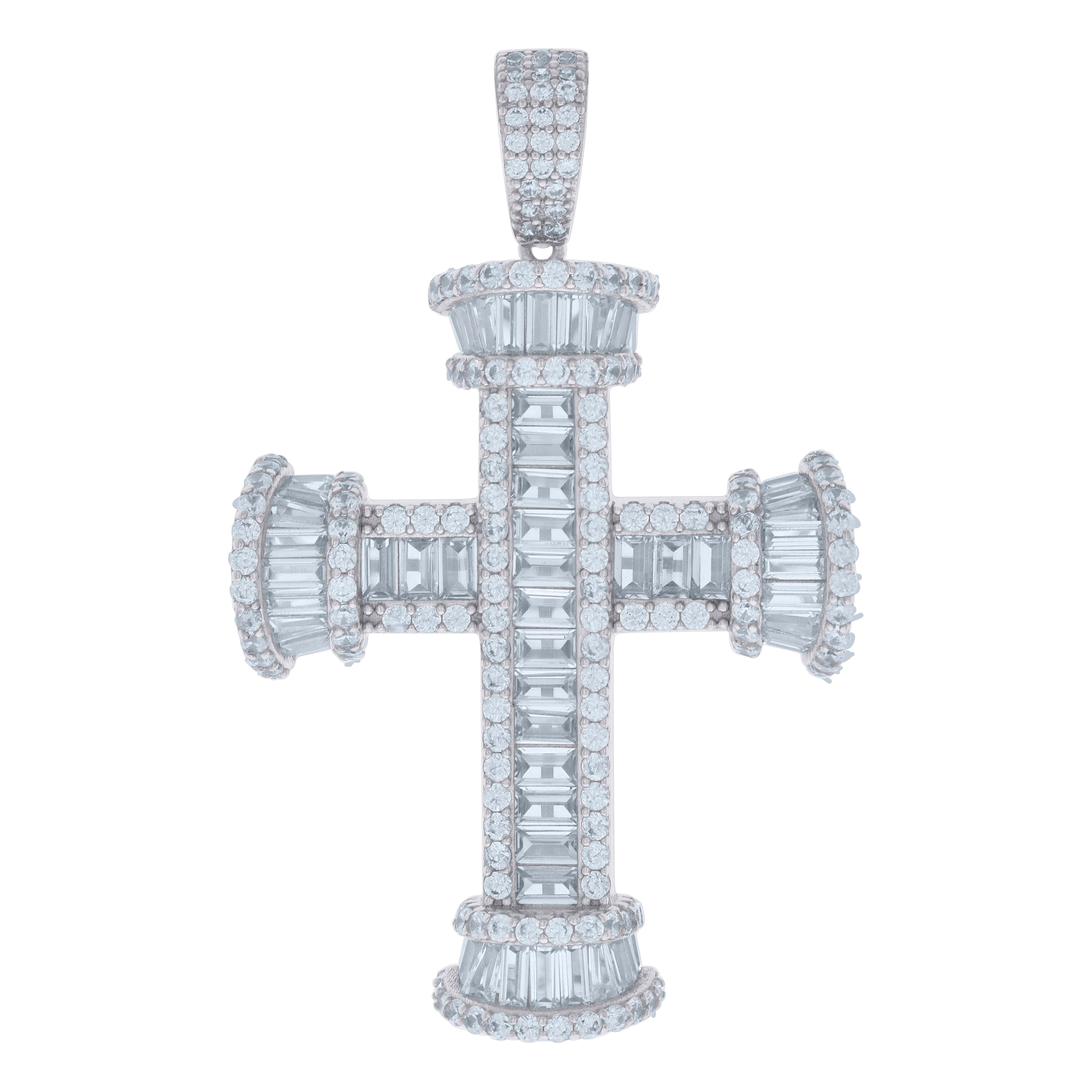 925 Sterling Silver Mens Baguette Round Cubic-Zirconia Cross Religious Charm Pendant