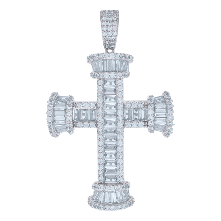 925 Sterling Silver Mens Baguette Round Cubic-Zirconia Cross Religious Charm Pendant