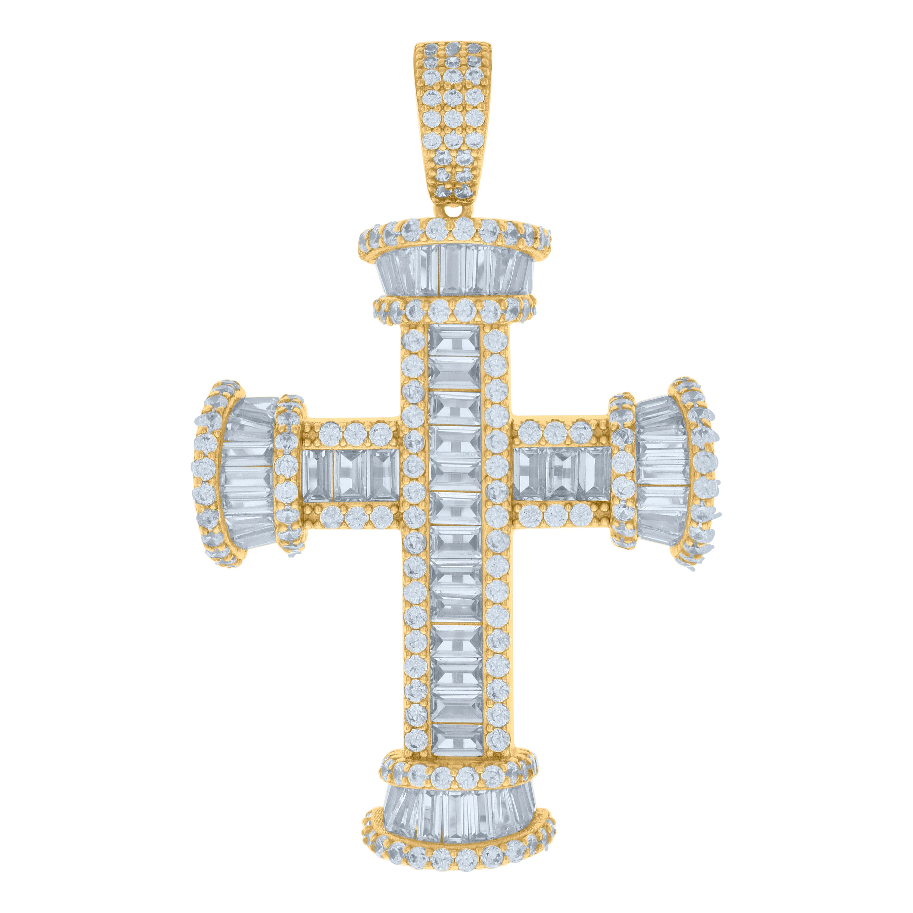 925 Sterling Silver Yellow-tone Mens Baguette Round Cubic-Zirconia Cross Religious Charm Pendant