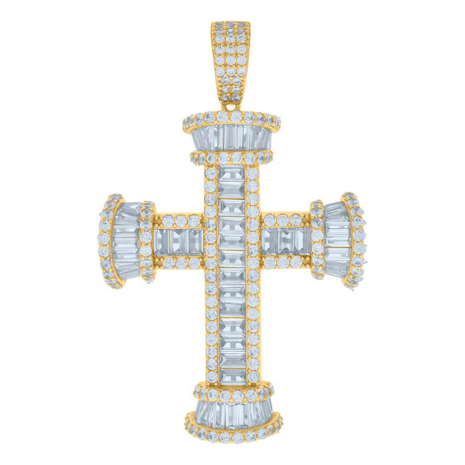 925 Sterling Silver Yellow-tone Mens Baguette Round Cubic-Zirconia Cross Religious Charm Pendant