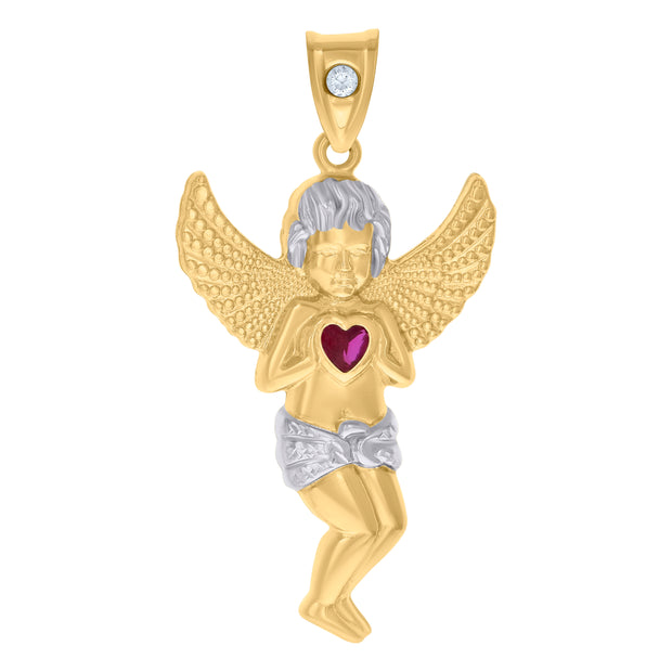 10kt Two-tone Gold Mens Purple White Heart Round Cubic-Zirconia Angel Charm Pendant