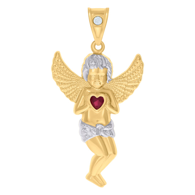 10kt Two-tone Gold Mens Red White Heart Round Cubic-Zirconia Angel Charm Pendant