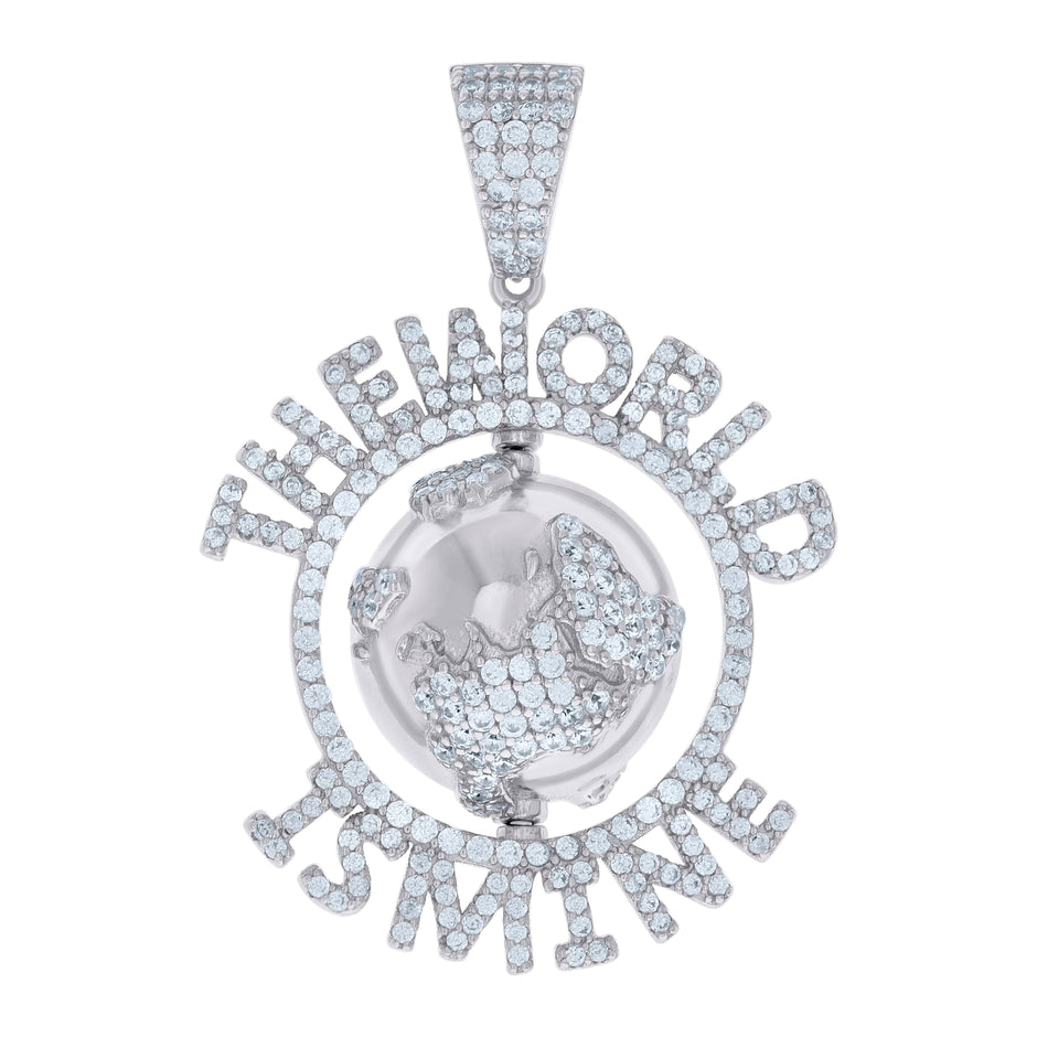 925 Sterling Silver Mens Cubic-Zirconia The World Is Mine World Map Charm Pendant