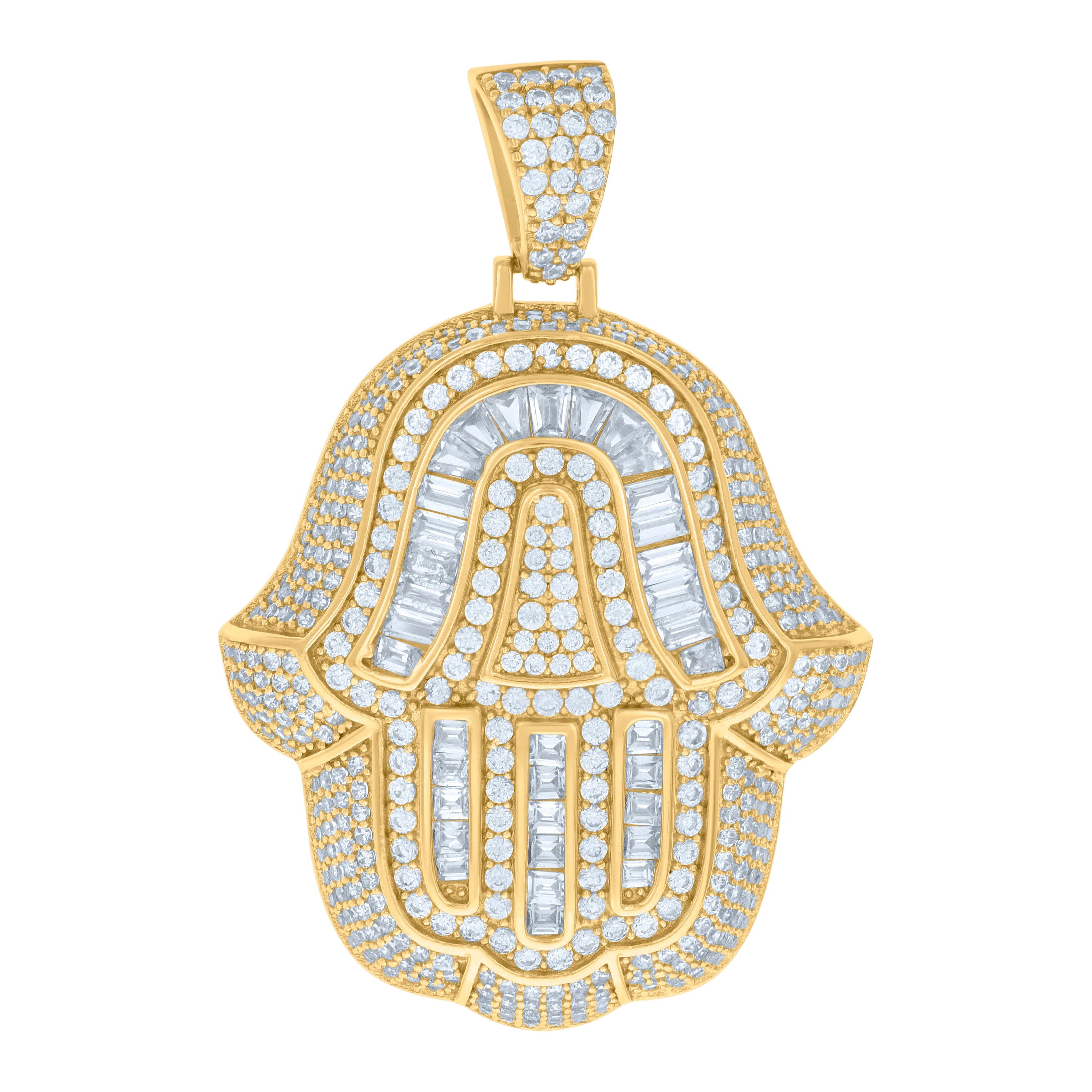 925 Sterling Silver Yellow-tone Mens Baguette Round Cubic-Zirconia Hamsa Symbol Religious Pendant