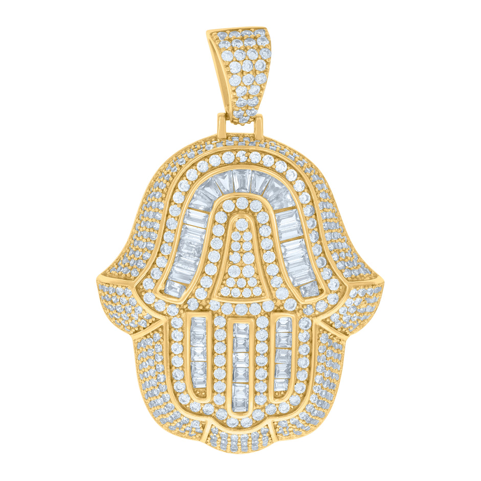 925 Sterling Silver Yellow-tone Mens Baguette Round Cubic-Zirconia Hamsa Symbol Religious Pendant
