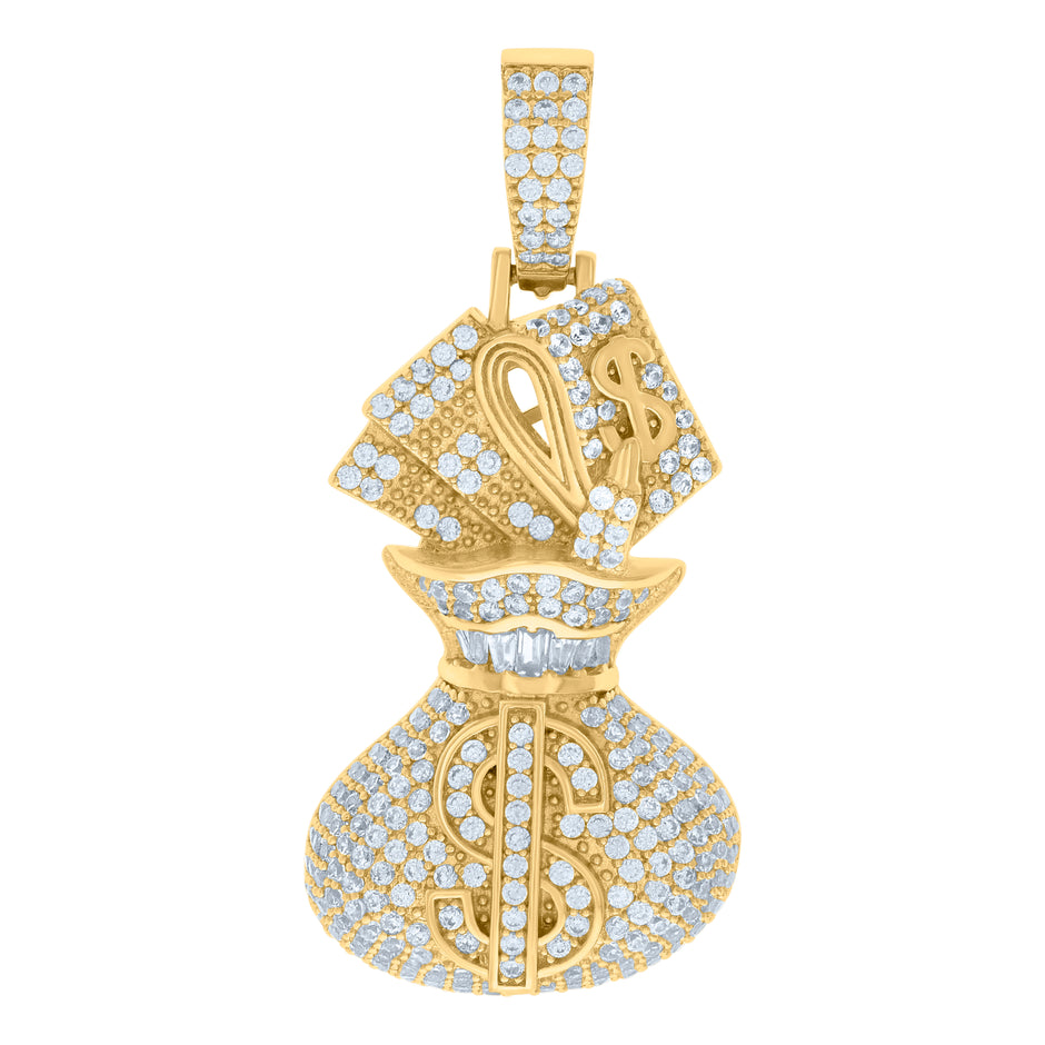 925 Sterling Silver Yellow-tone Mens Cubic-Zirconia Money Bag Currency Fashion Charm Pendant