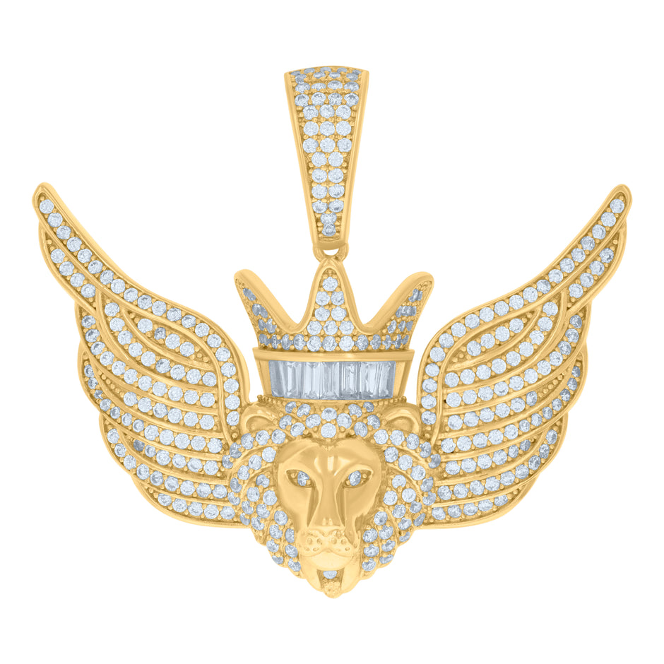 925 Sterling Silver Yellow-tone Mens Cubic-Zirconia Flying Leo/Lion Zodiac Sign/Wildlife Pendant