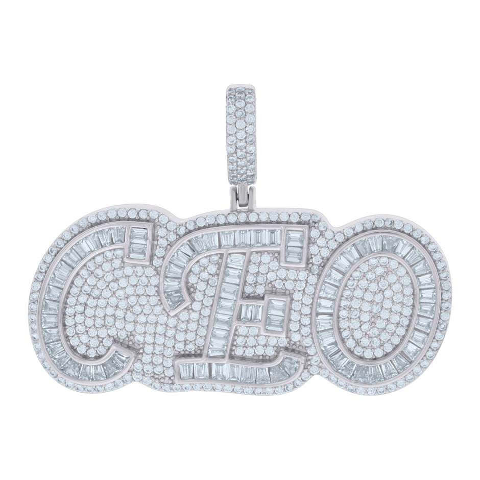 925 Sterling Silver Mens Baguette Round Cubic-Zirconia CEO Talking Fashion Charm Pendant