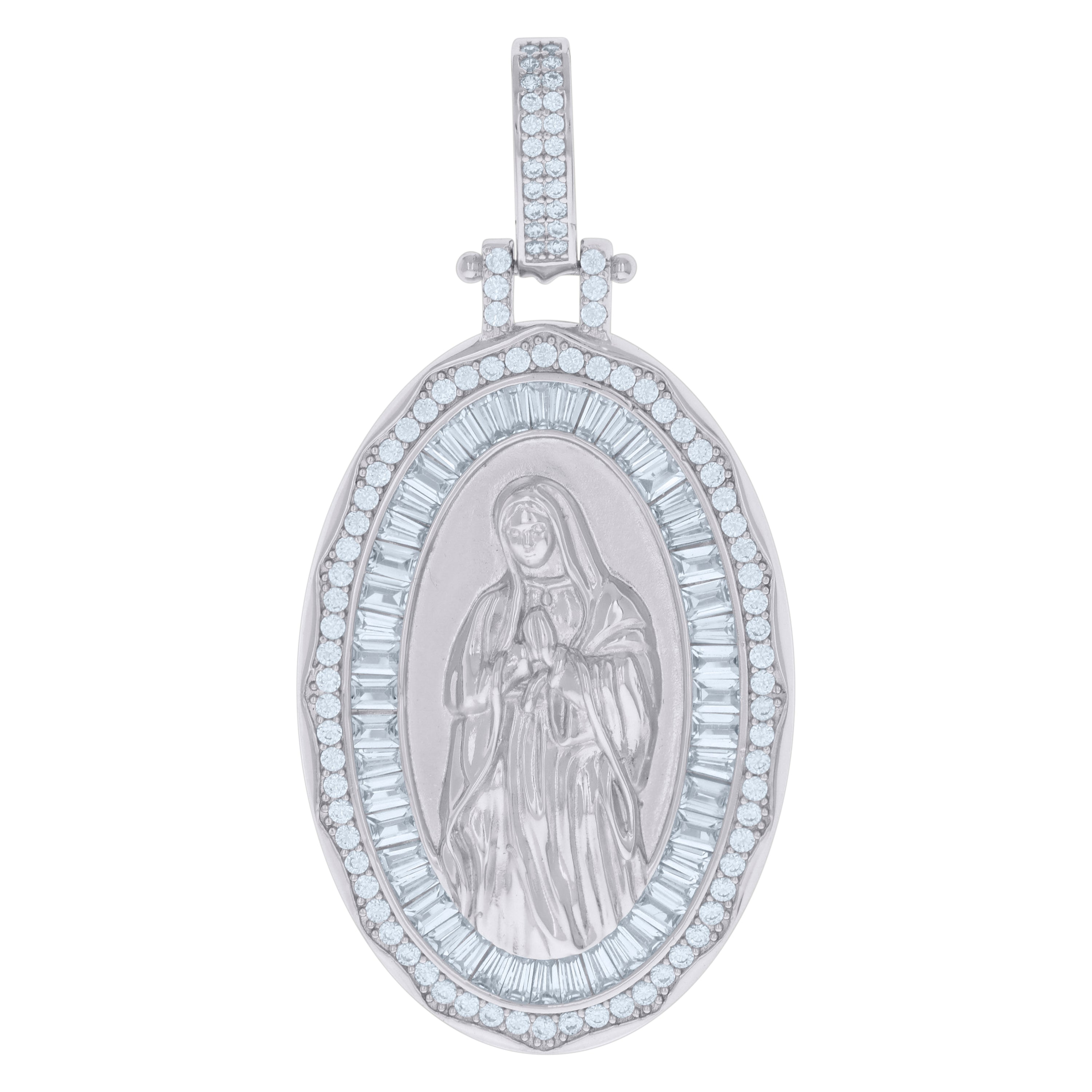 925 Sterling Silver Mens Baguette Round Cubic-Zirconia Guadalupe Religious Charm Pendant