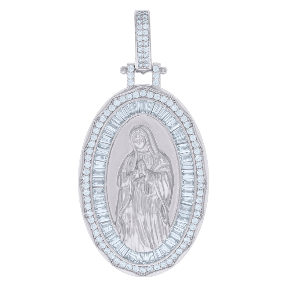 925 Sterling Silver Mens Baguette Round Cubic-Zirconia Guadalupe Religious Charm Pendant
