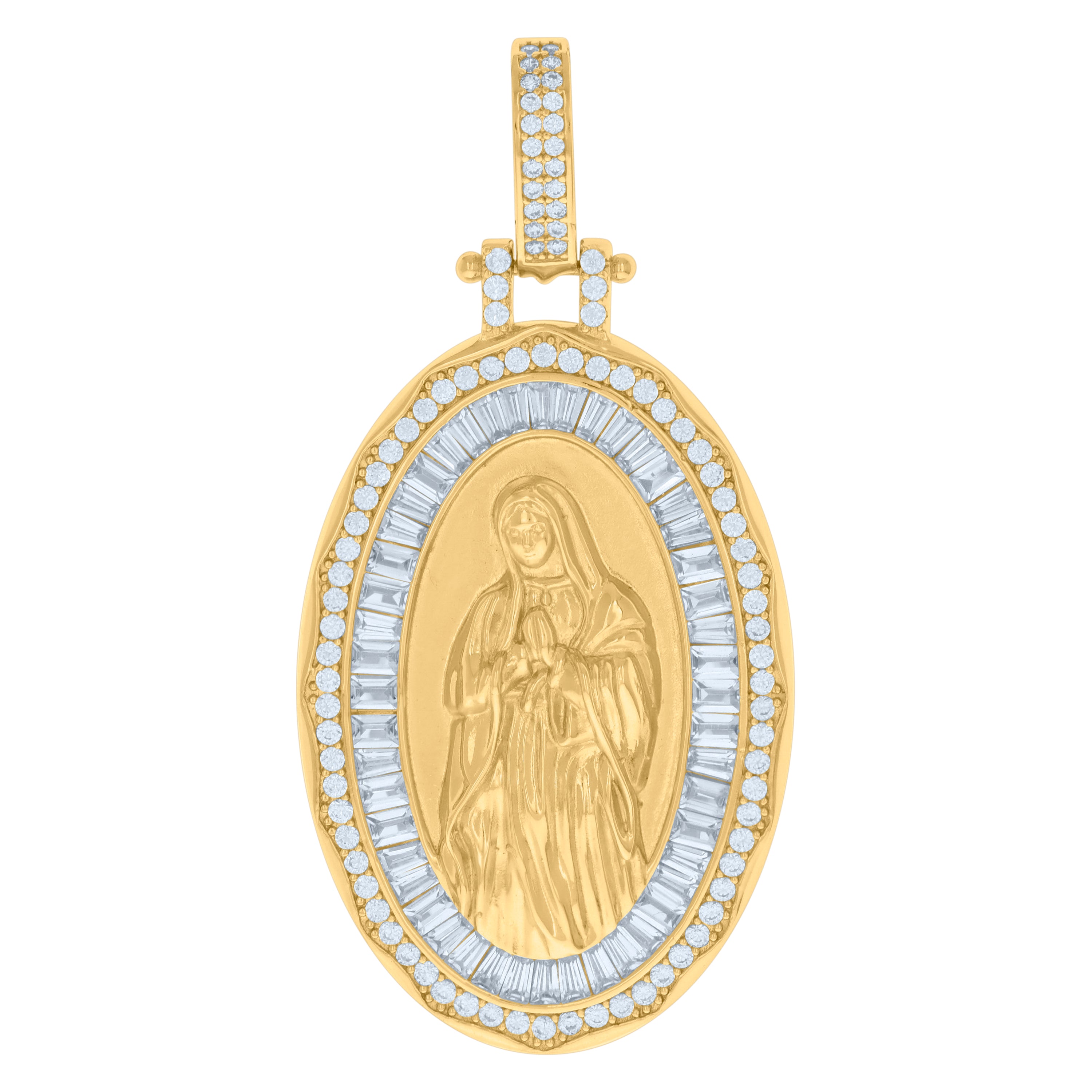 925 Sterling Silver Yellow-tone Mens Baguette Round Cubic-Zirconia Guadalupe Religious Charm Pendant