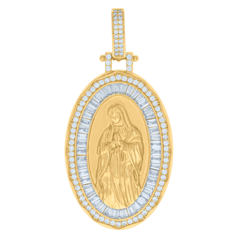 925 Sterling Silver Yellow-tone Mens Baguette Round Cubic-Zirconia Guadalupe Religious Charm Pendant