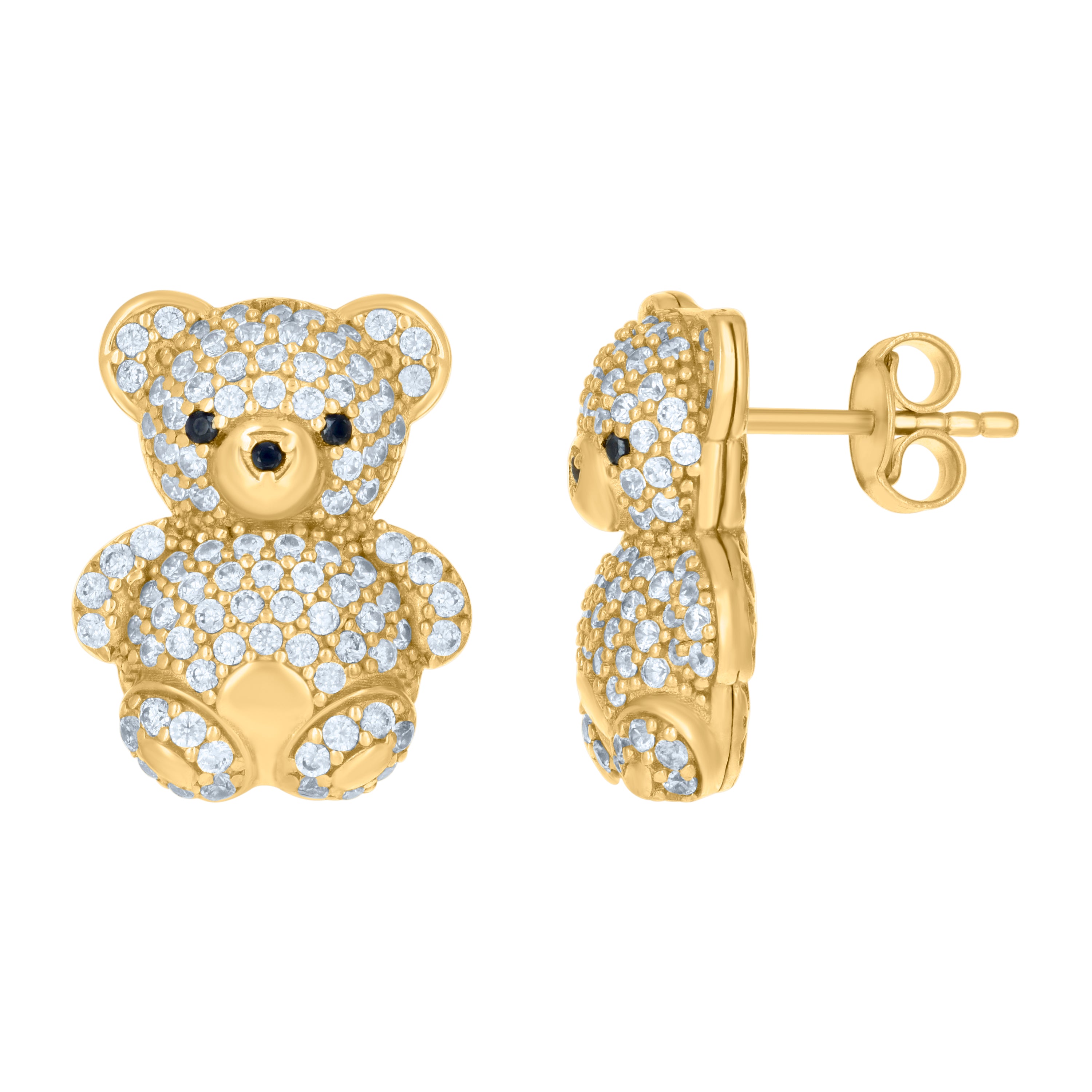 10kt Yellow Gold Womens Black White Cubic-Zirconia Teddy Bear Fashion Stud Earrings