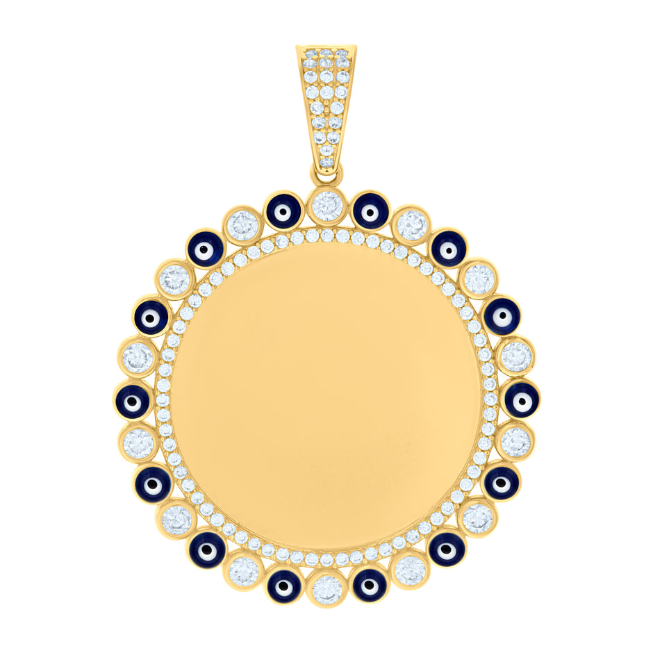 10kt Yellow Gold Mens Cubic-Zirconia Enamel Evil Eye Photo Frame Charm Pendant