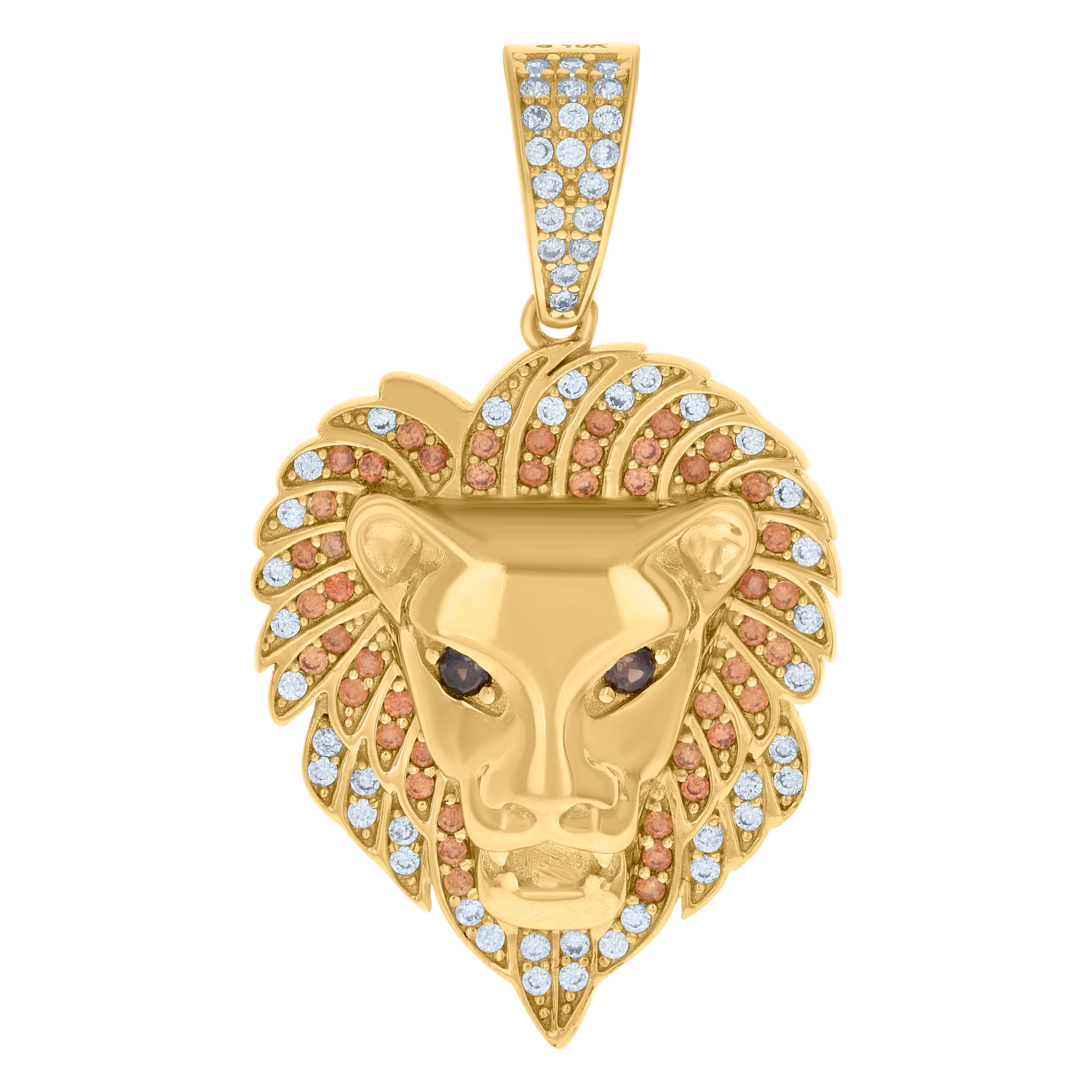 10kt Yellow Gold Mens Red/Brown White Cubic-Zirconia Leo/Lion Head Zodiac Sign/Wildlife Charm Pendant