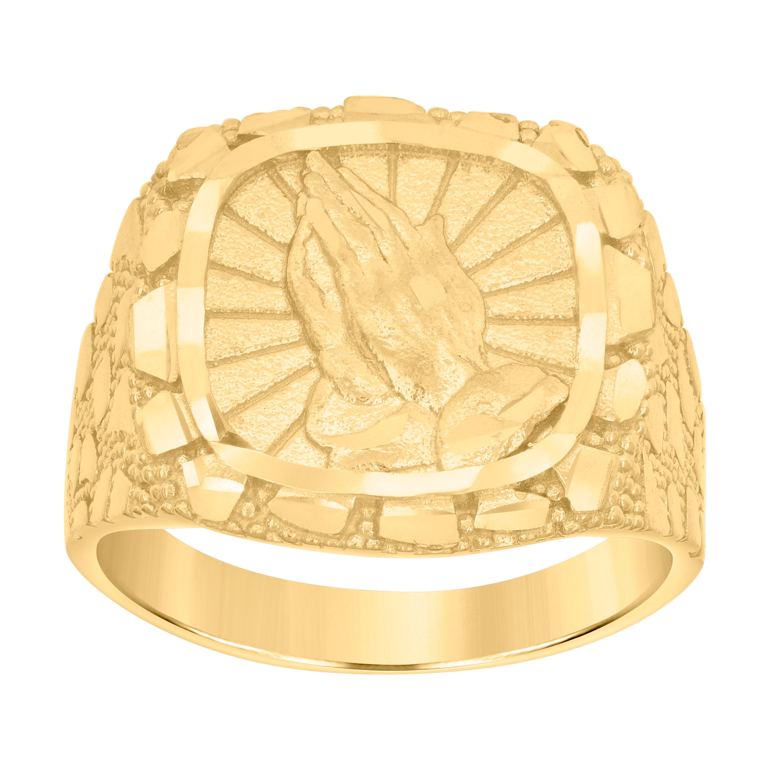 10kt Yellow Gold Mens Diamond-Cut Praying Hands Symbol Religious Ring 