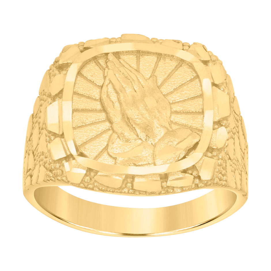 10kt Yellow Gold Mens Diamond-Cut Praying Hands Symbol Religious Ring 