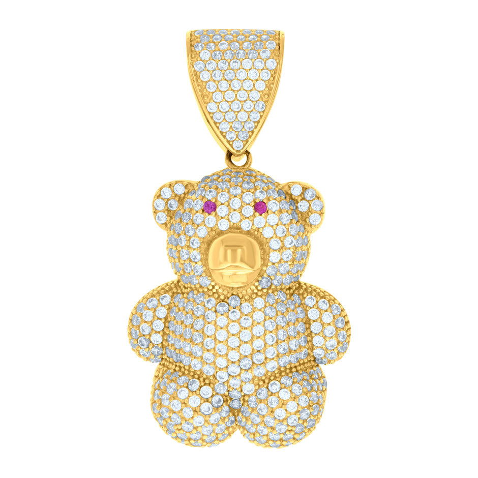 10kt Yellow Gold Unisex Pink White Cubic-Zirconia Teddy Bear Charm Pendant