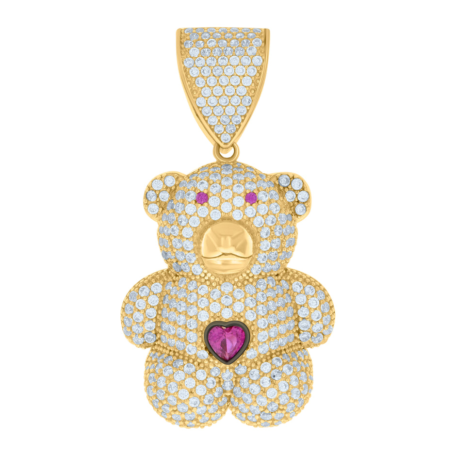 10kt Yellow Gold Black-tone Unisex Pink White Heart Round Cubic-Zirconia Teddy Bear Charm Pendant