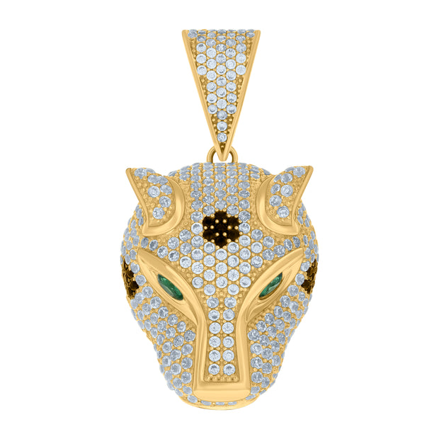 10kt Yellow Gold Mens Green/Black White Cubic-Zirconia Panther Head Animal Wildlife Charm Pendant