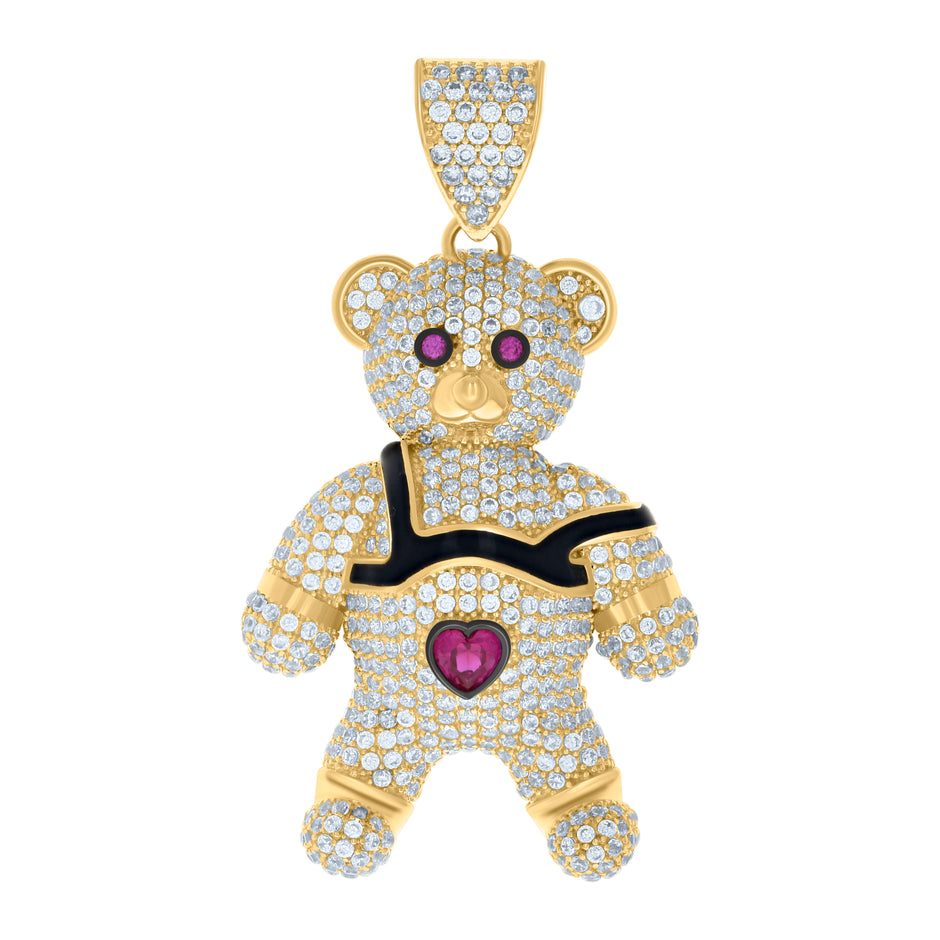 10kt Yellow Gold Black-tone Mens Pink White Heart Round Cubic-Zirconia Teddy Bear Charm Pendant