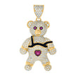 10kt Yellow Gold Black-tone Mens Pink White Heart Round Cubic-Zirconia Teddy Bear Charm Pendant